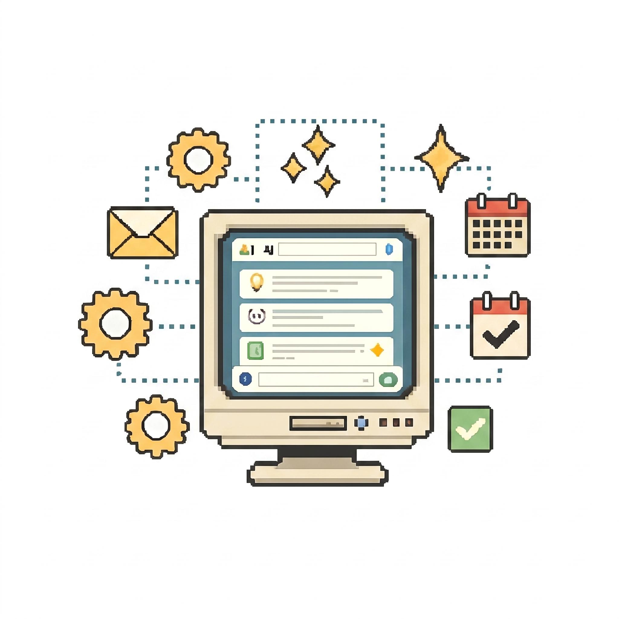 Pixel art CRT showing study sessions, surrounded by gears, sparkles, mail, calendar, a checkmark, and a sunflower