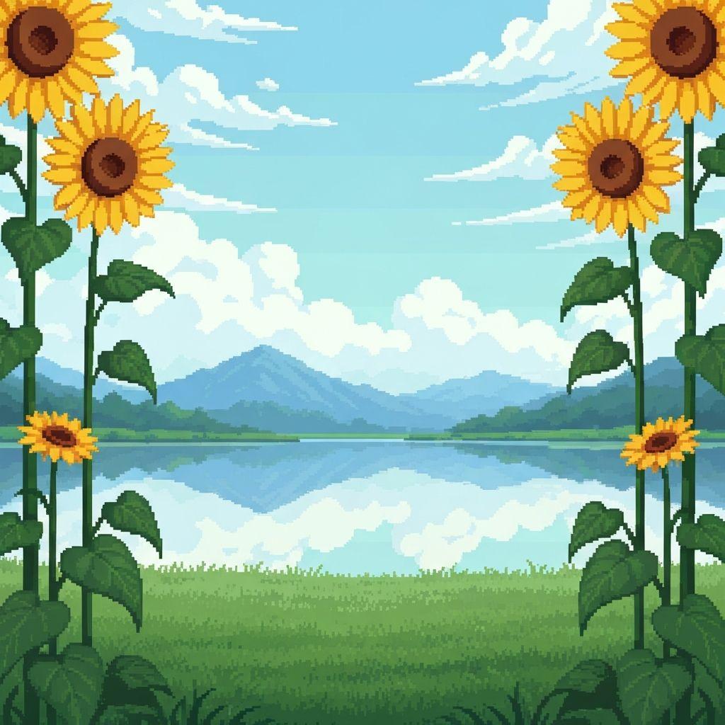 Pixel art landscape with sunflowers, mountains, and a lake